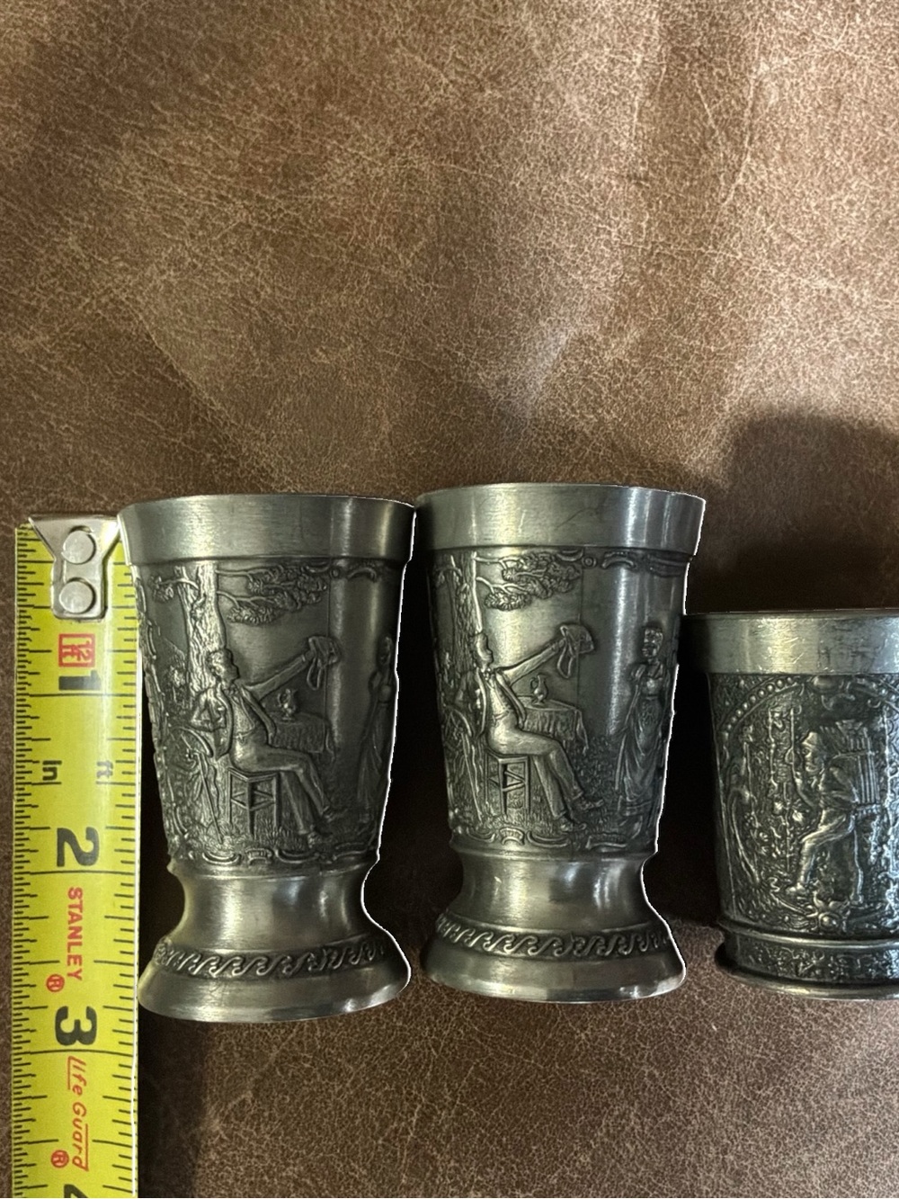 Vintage Pewter Shot Glasses Set of 6 Relief Scene Cups Zinn Wine Tasting Barware - Picture 11 of 13
